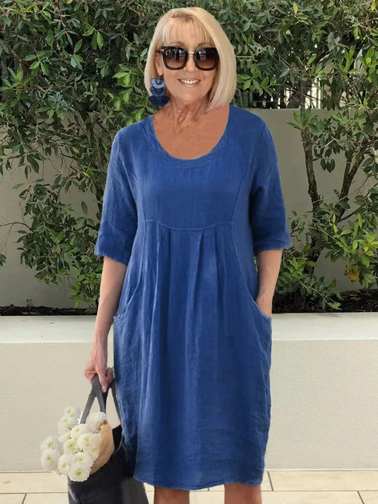 Women's midi dress – Loose fit – Natural fibers – Elbow sleeves – Round neck – Pockets