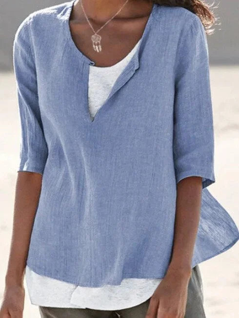 Women's Blouse – Loose Fit – Mid-Length Sleeves – Breathable Natural Fibers