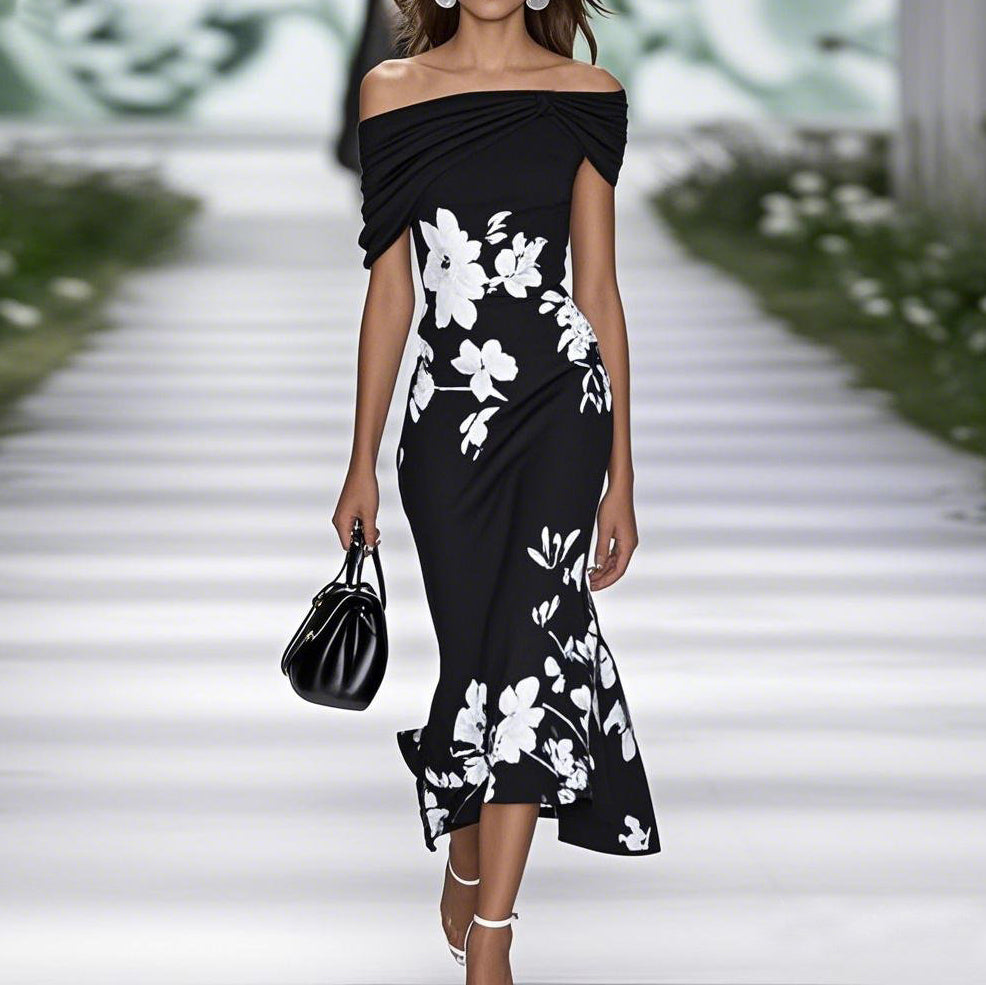Robe midi femme – Épaules dénudées – Taille cintrée – Imprimé fleuri – Tissu fluide