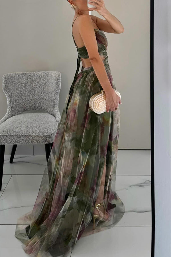 Robe longue femme – Décolleté cœur – Bretelles fines – Jupe fluide à volants