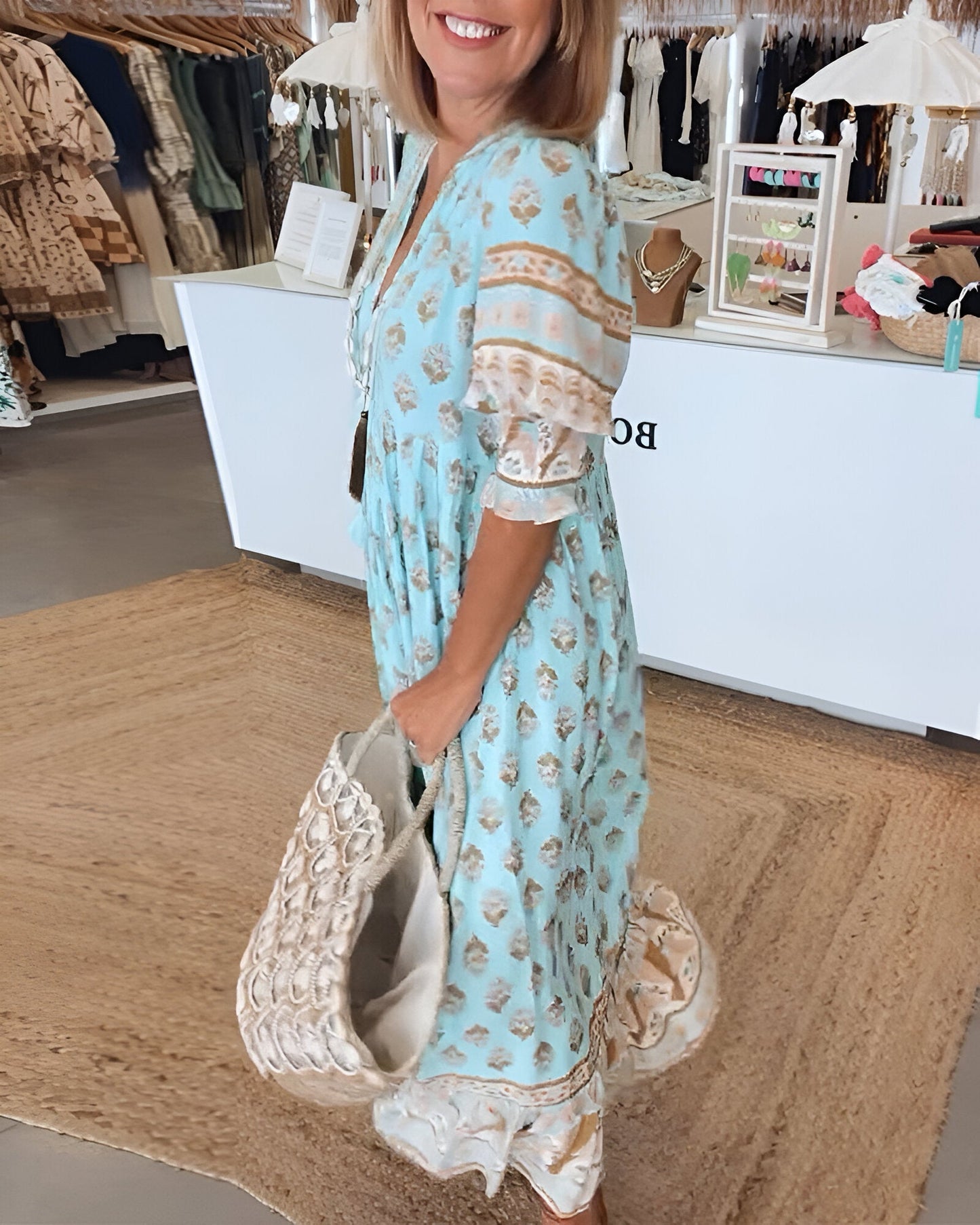 Women's long dress – Natural fibers – Fluid cut – Bohemian floral pattern – V-neck