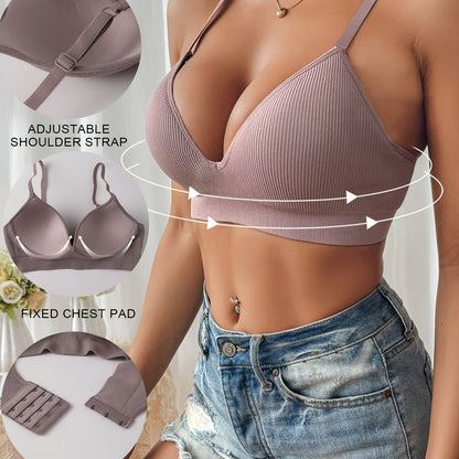Women's push-up bra – Slim cut – Plunging neckline – Ribbed texture – Seamless finish