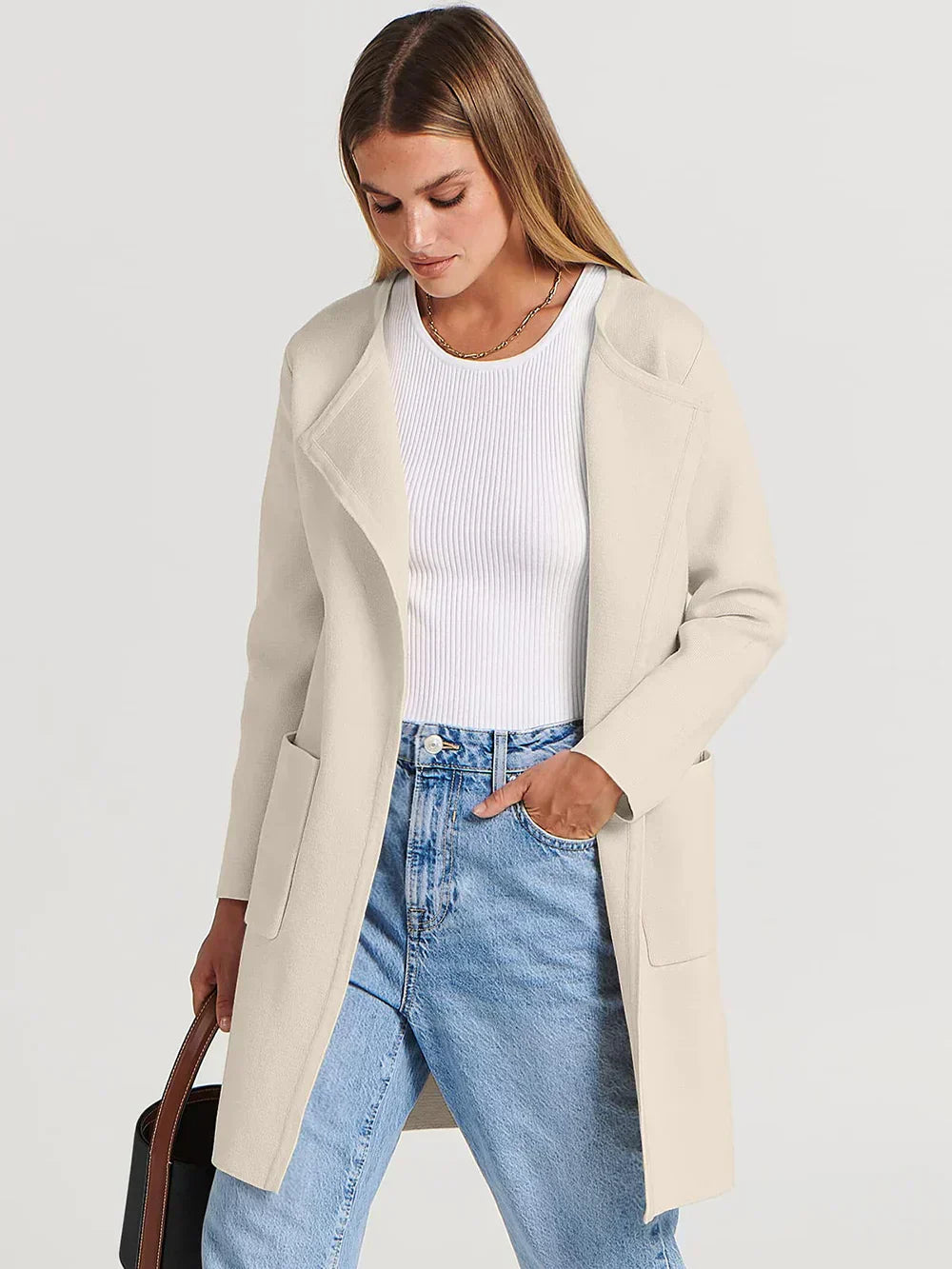 Manteau femme mi-long – Laine mélangée – Coupe droite – Col large – Style épuré