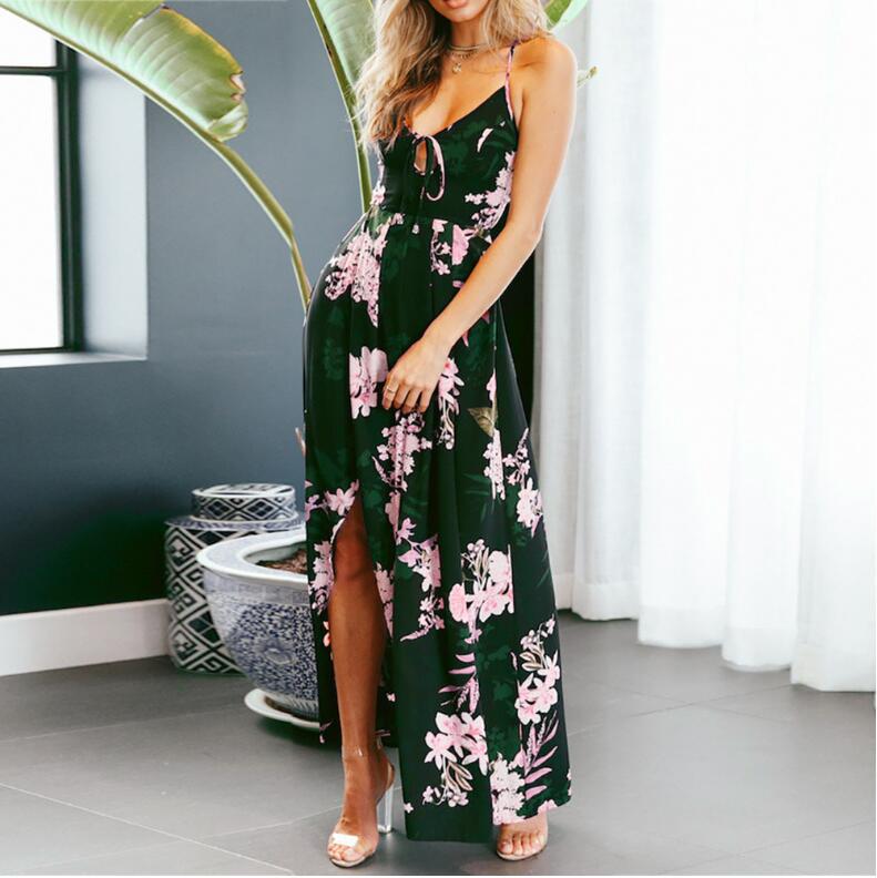 Women's long dress – Flowing cut – Thin straps – Floral print – Side slit