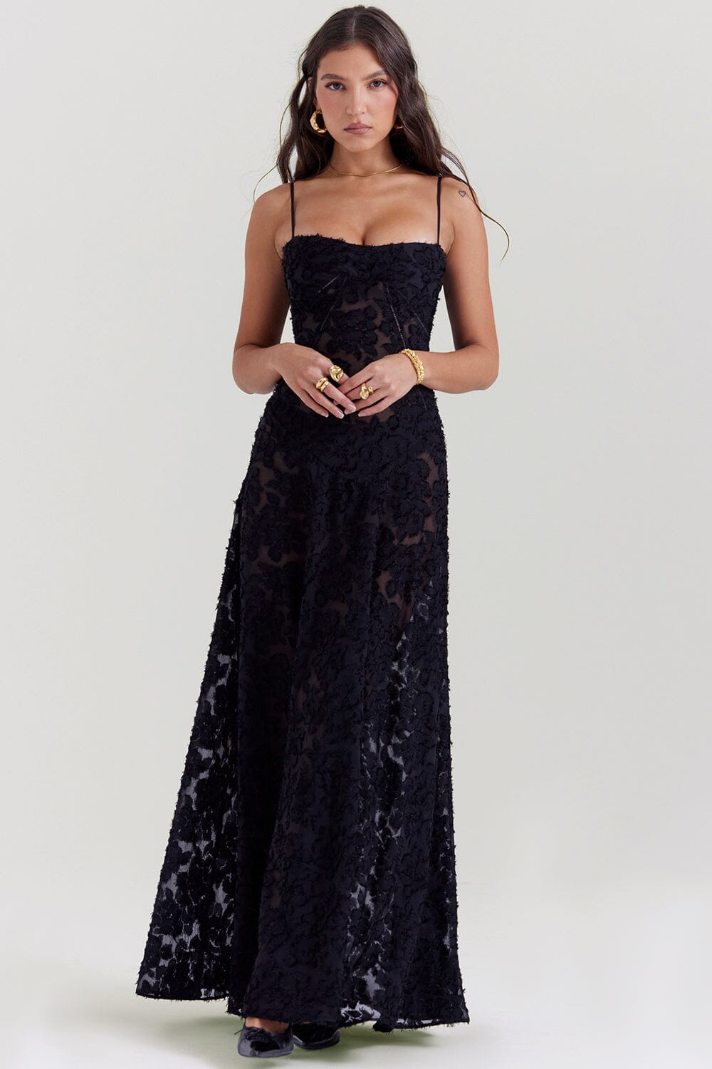 Robe longue femme – Coupe ajustée – Voile léger – Motif floral – Bretelles fines