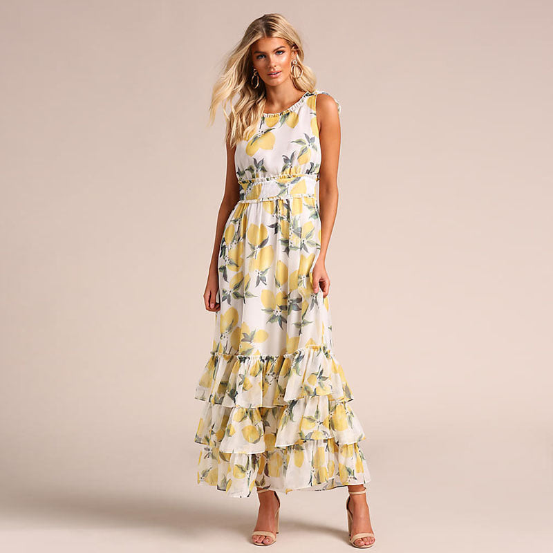 Women's long dress – Flared cut – Sleeveless – Ruffled hem – Breathable fabric