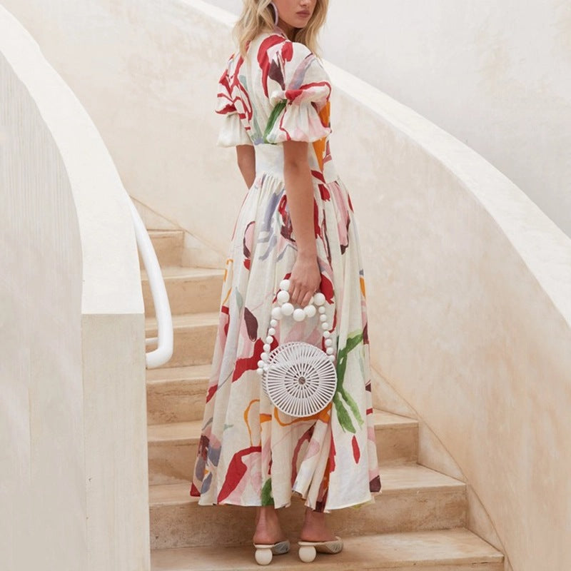 Women's long dress – Natural fibers – Relaxed fit – Balloon sleeves – Buttoned