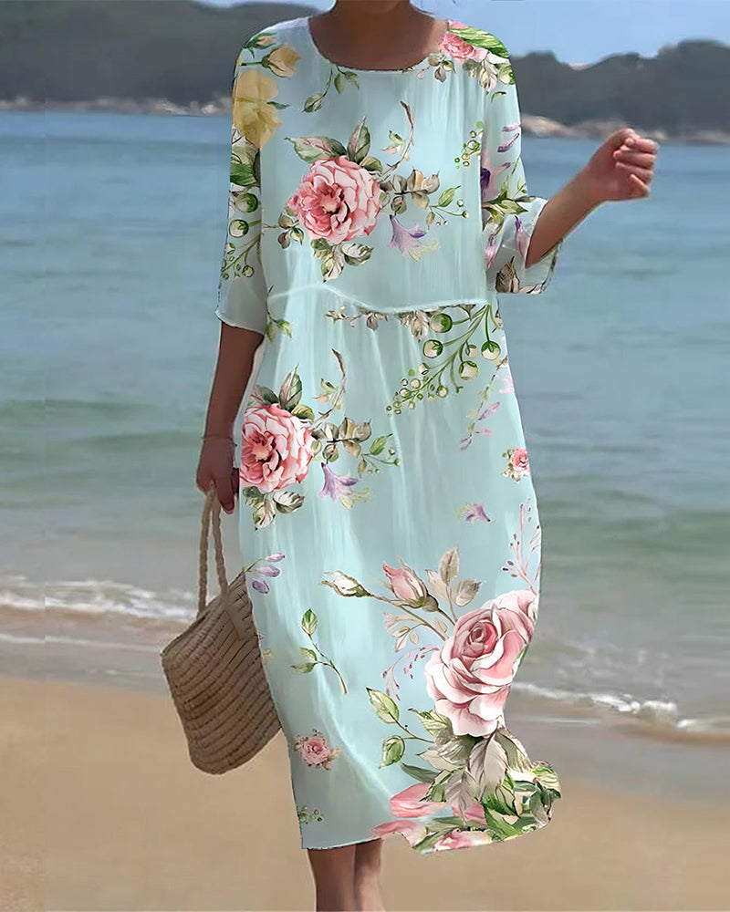 Women's long dress – Loose fit – Breathable fabric – 3/4 sleeve – Elegant round neck