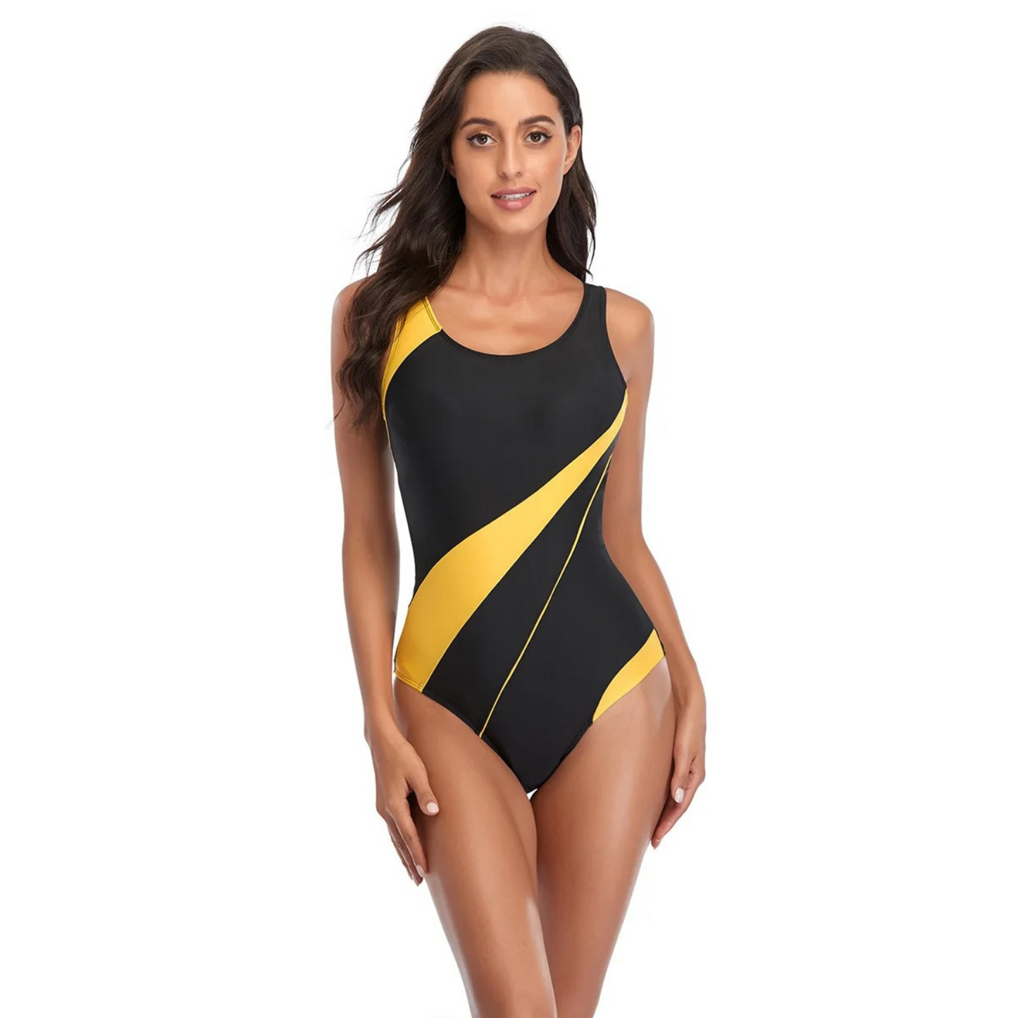 Women's one-piece swimsuit – Fitted cut – Round neckline – Sporty striped style