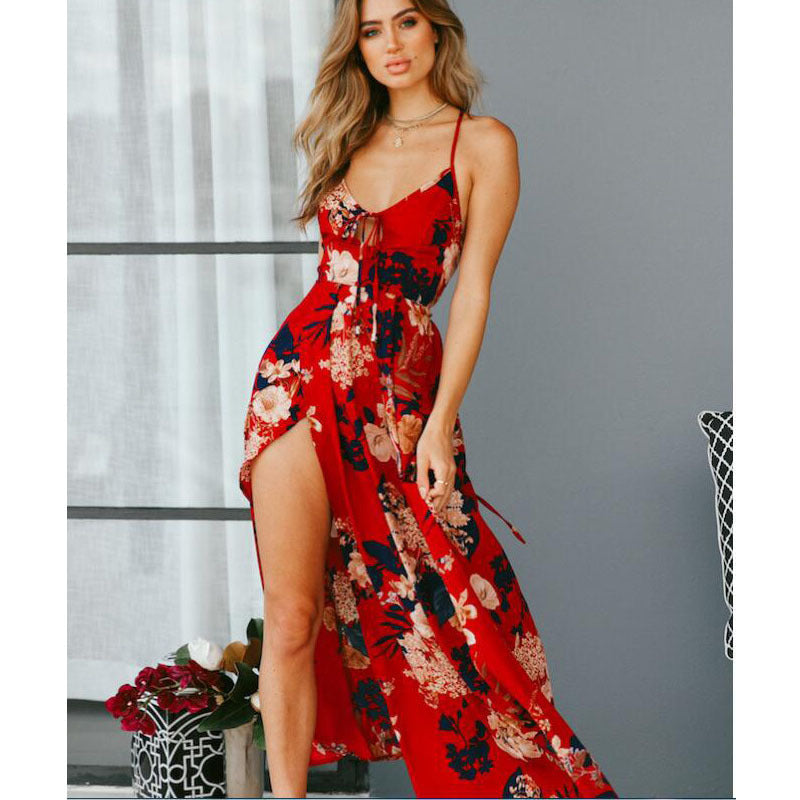 Women's long dress – Flowing cut – Thin straps – Floral print – Side slit