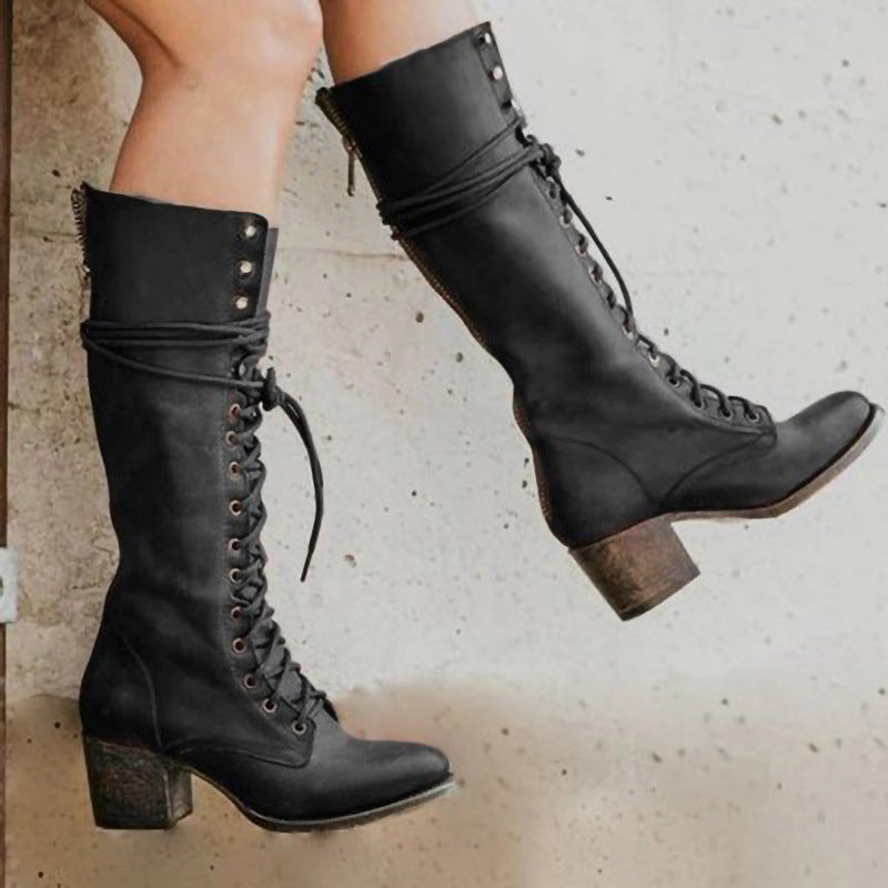 Bottes hautes femme – Talon épais – Laçage ajustable – Fermeture zippée
