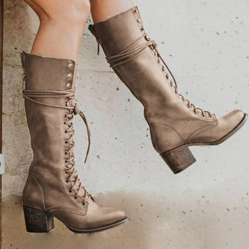 Bottes hautes femme – Talon épais – Laçage ajustable – Fermeture zippée