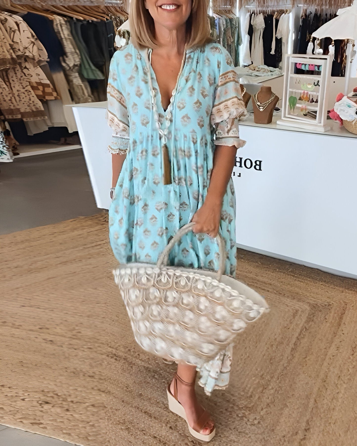 Women's long dress – Natural fibers – Fluid cut – Bohemian floral pattern – V-neck