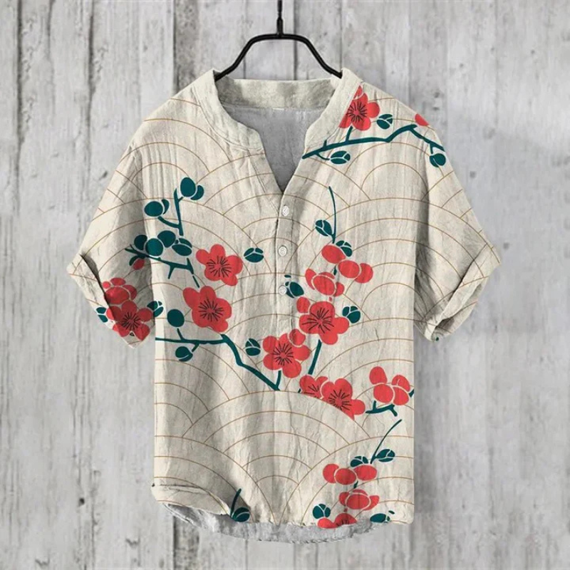 Men's casual shirt – Loose fit – Short sleeves – Breathable natural fiber – Artistic pattern