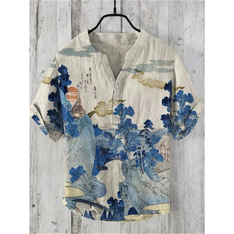 Men's casual shirt – Loose fit – Short sleeves – Breathable natural fiber – Artistic pattern