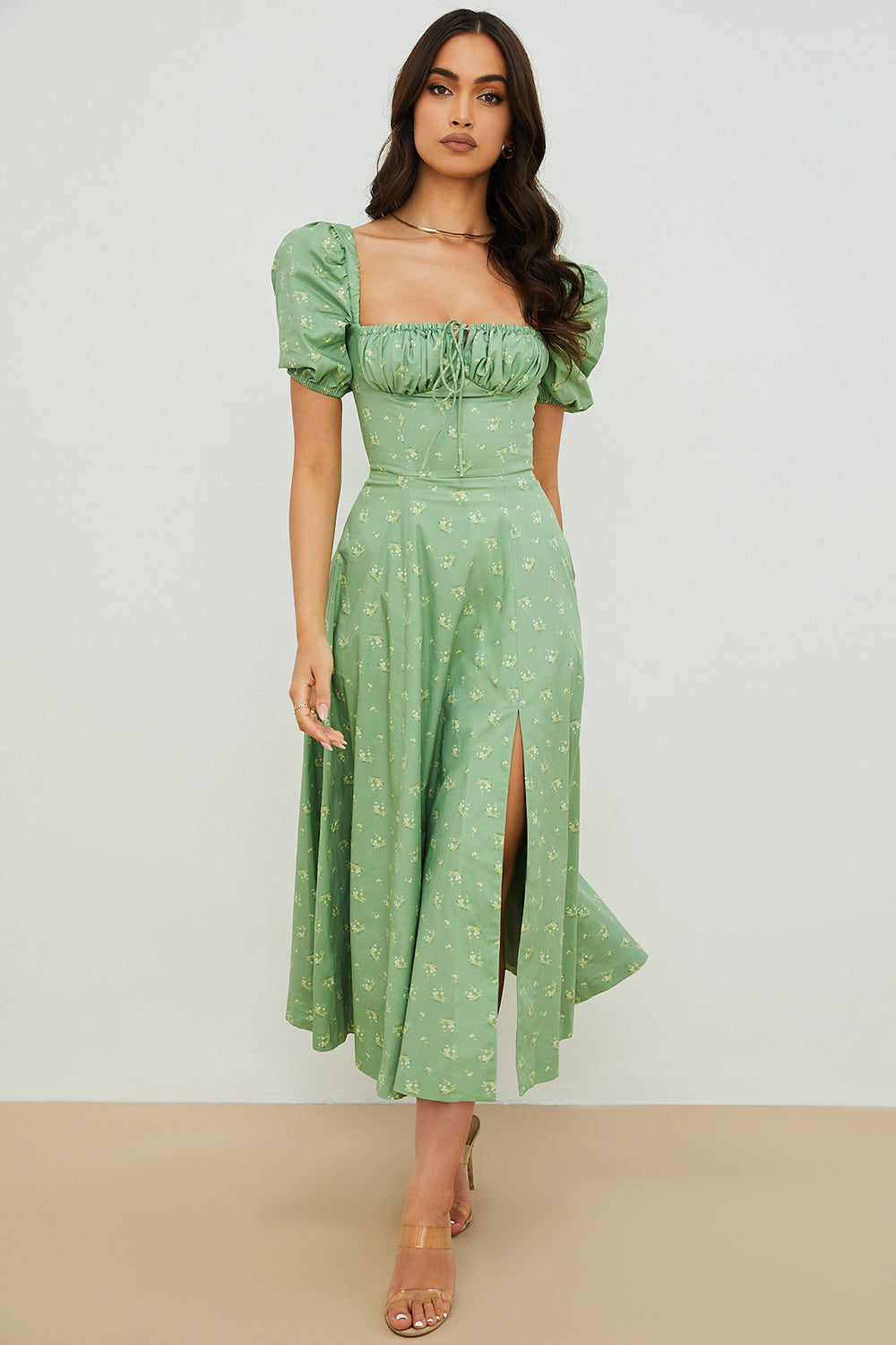 Robe midi femme – Coupe évasée – Coton léger – Manches bouffantes – Encolure carrée