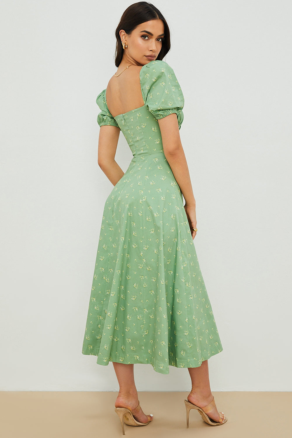 Robe midi femme – Coupe évasée – Coton léger – Manches bouffantes – Encolure carrée