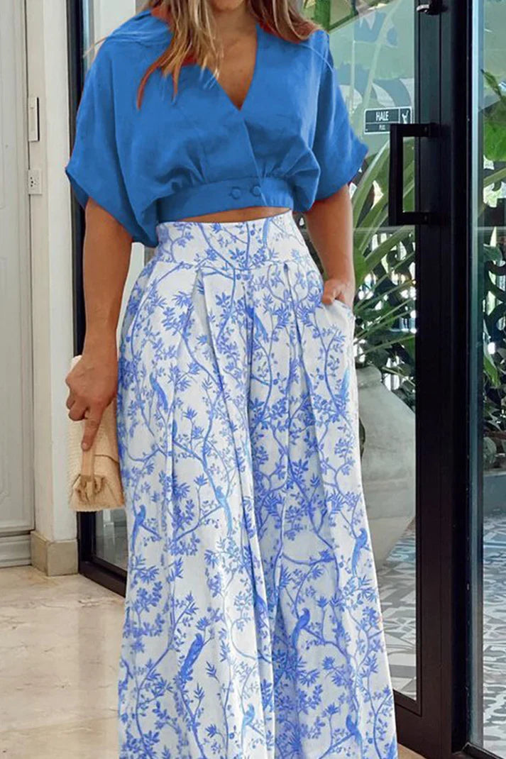 Ensemble Femme Deux Pièces – Crop Top Décontracté – Pantalon Taille Haute Large Lin Cotton