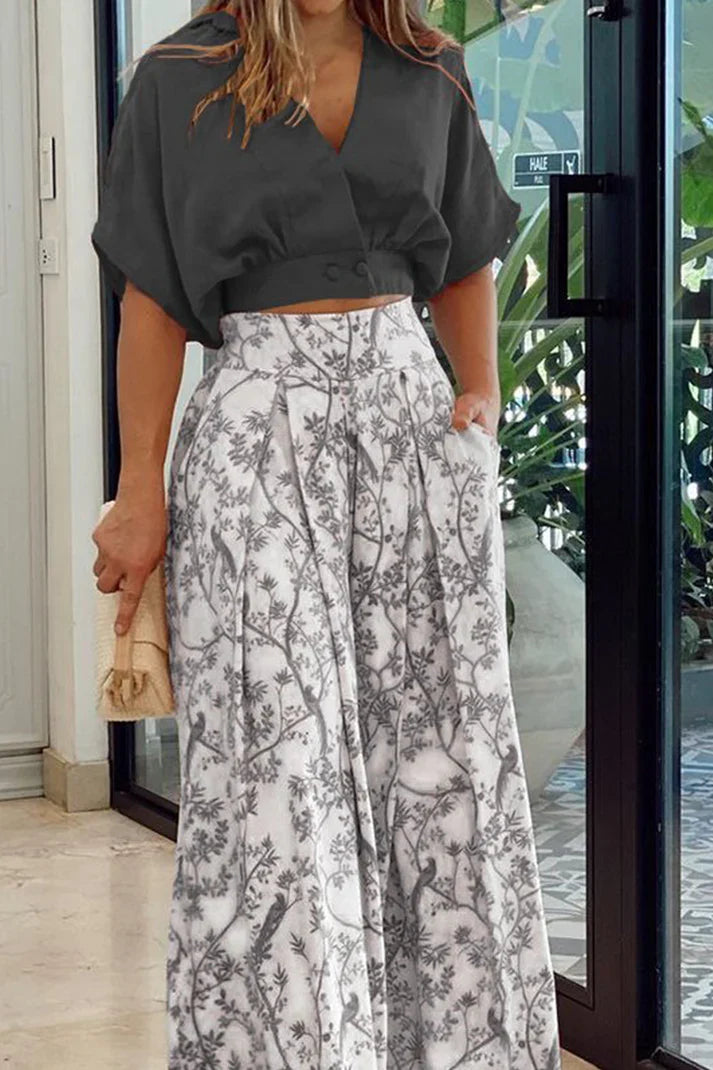 Ensemble Femme Deux Pièces – Crop Top Décontracté – Pantalon Taille Haute Large Lin Cotton