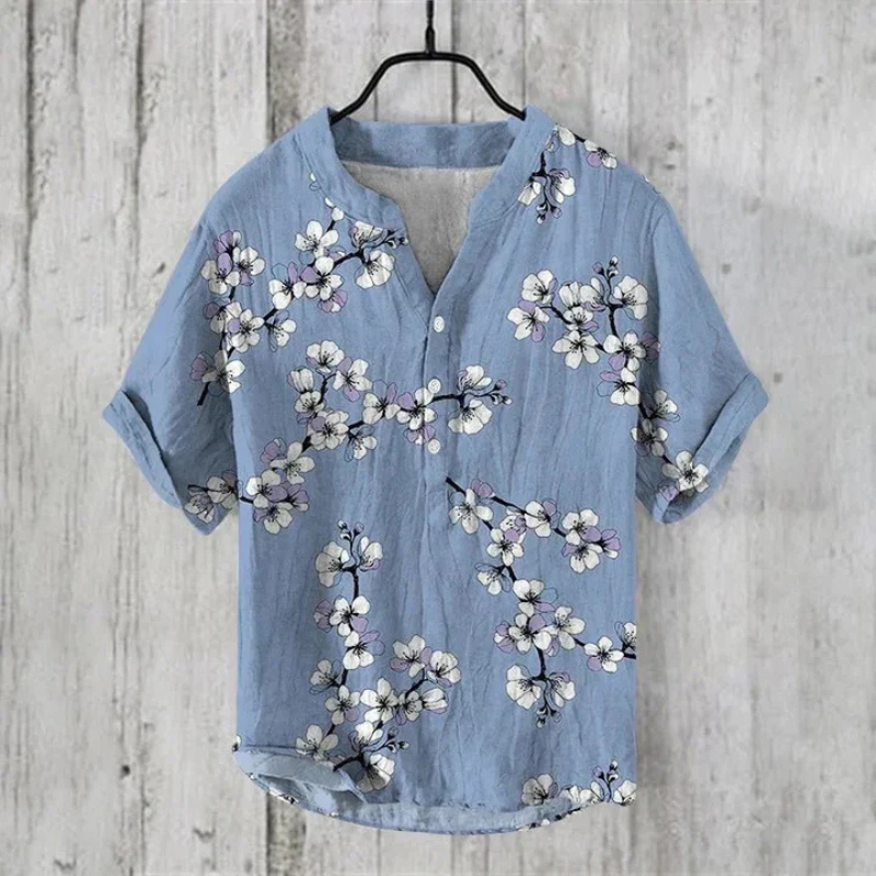 Men's casual shirt – Loose fit – Short sleeves – Breathable natural fiber – Artistic pattern