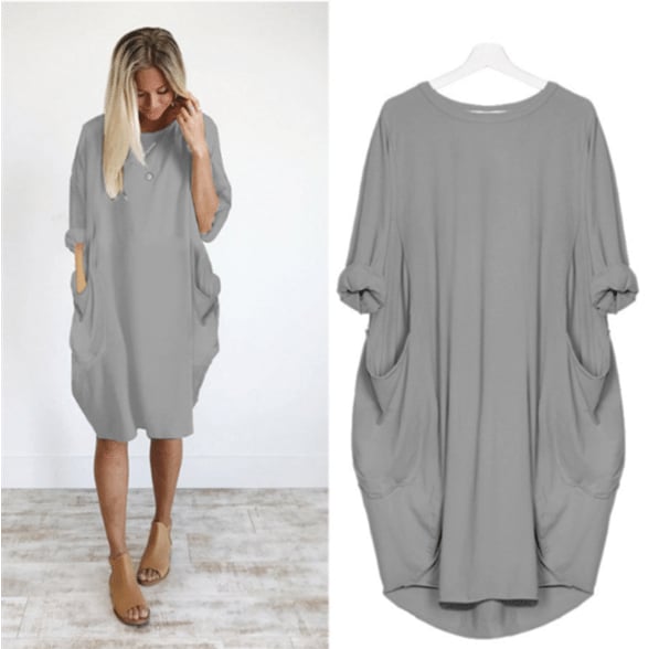 Women's Midi Dress – Loose Fit – Breathable Fabric – Round Neck – Side Pockets