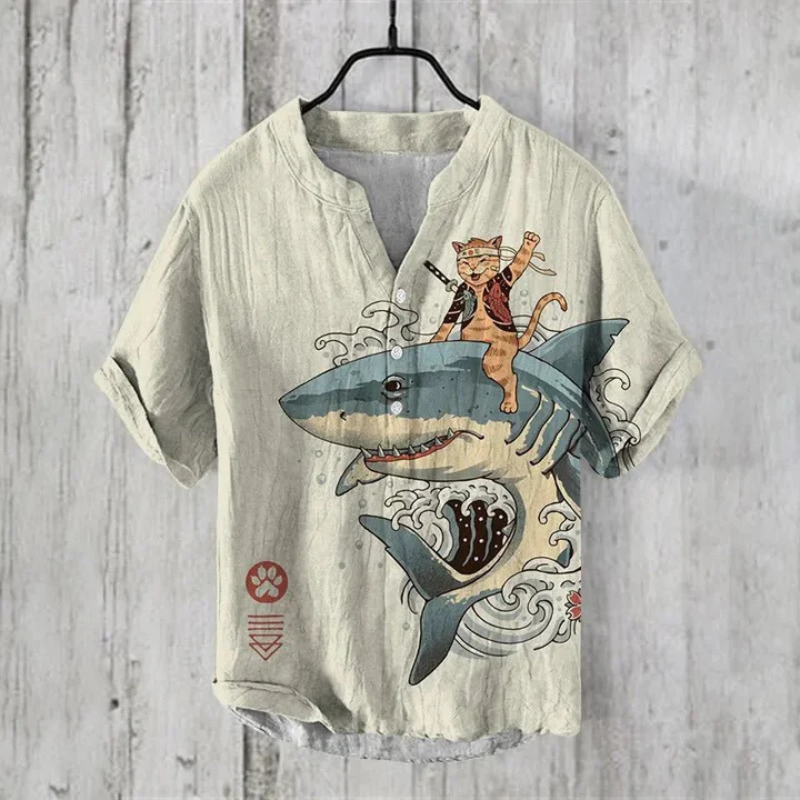 Men's casual shirt – Loose fit – Short sleeves – Breathable natural fiber – Artistic pattern
