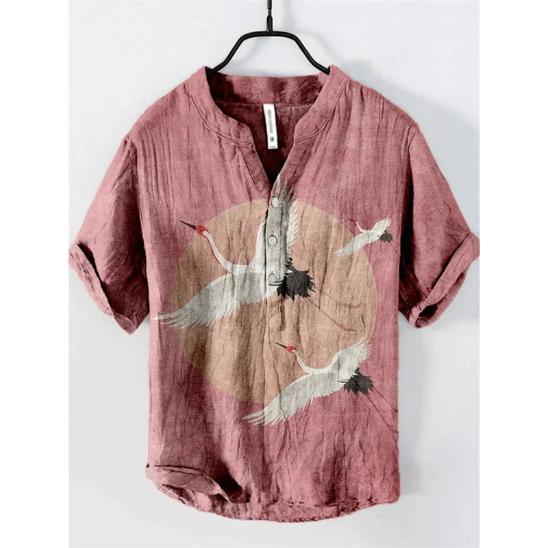 Men's casual shirt – Loose fit – Short sleeves – Breathable natural fiber – Artistic pattern