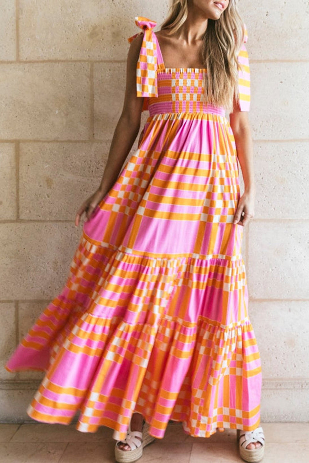 Robe longue femme – Coupe évasée – Coton léger – Bretelles nœud – Motif à carreaux