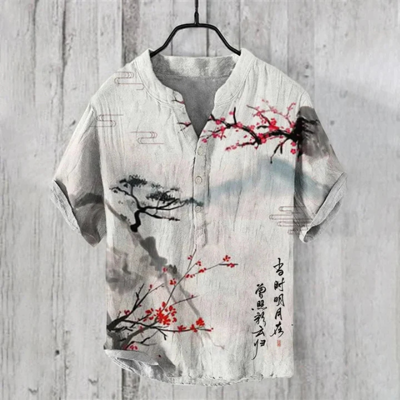 Men's casual shirt – Loose fit – Short sleeves – Breathable natural fiber – Artistic pattern