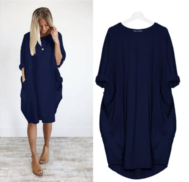 Women's Midi Dress – Loose Fit – Breathable Fabric – Round Neck – Side Pockets