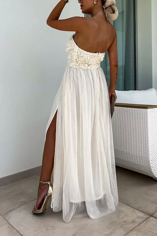 Long women's dress – Textured bustier – High slit – Breathable flowing fabric