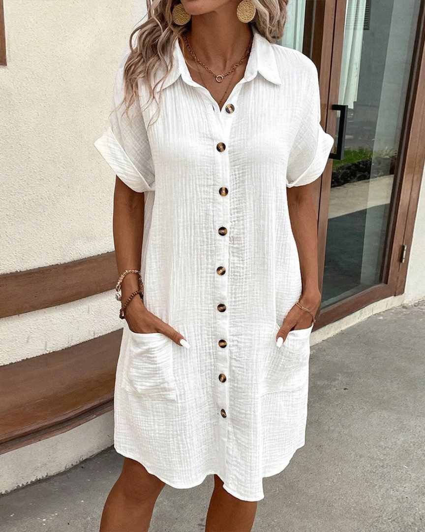 Women's shirt dress – Relaxed fit – Breathable fabric – Rolled sleeves – Side pockets