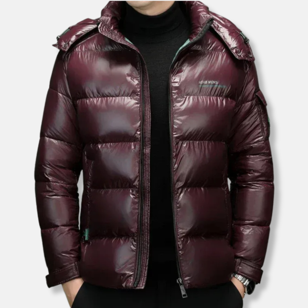 Men's Puffer Jacket - Synthetic Fabric - Regular Fit - Stand-Up Collar - Zipped Closure