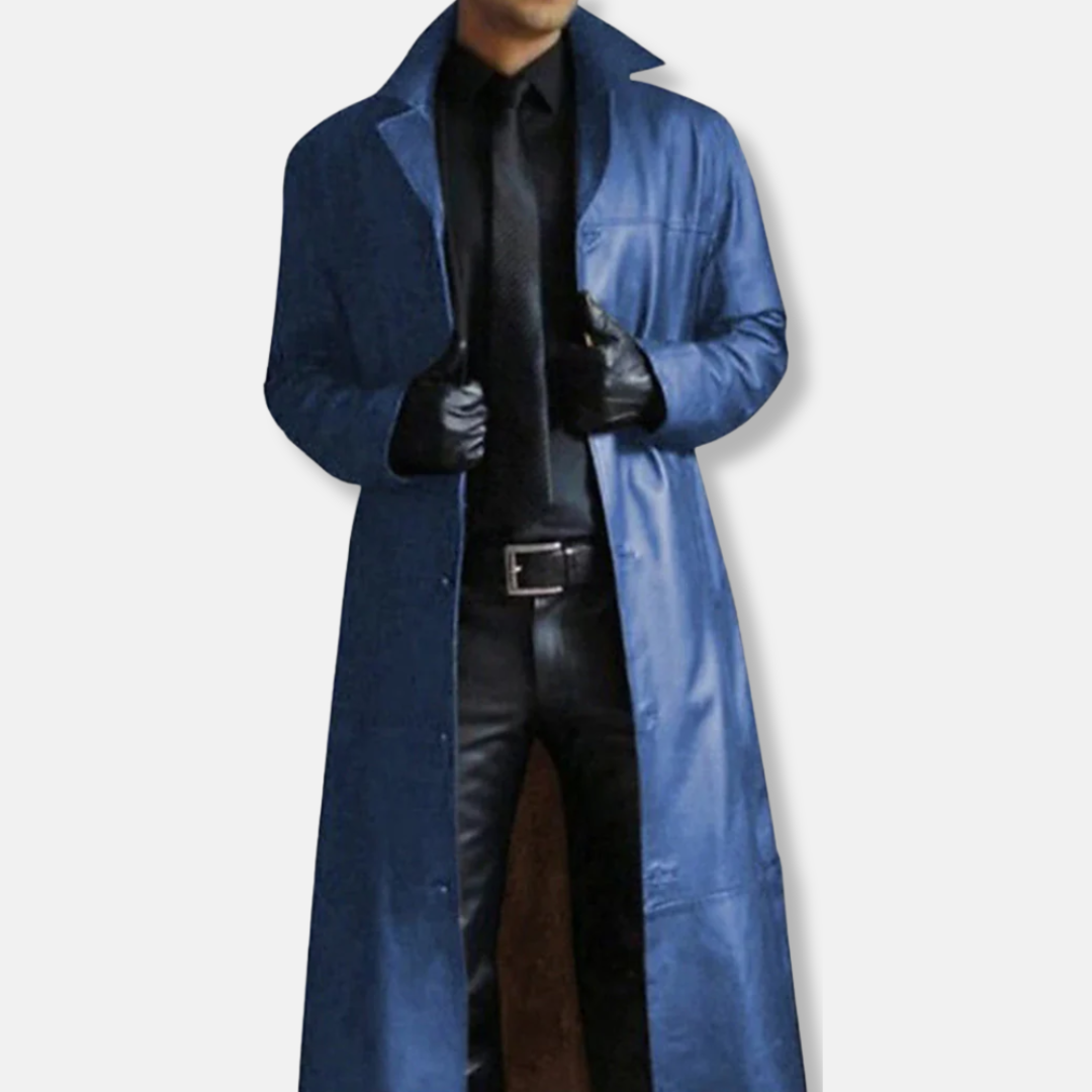 Men's long coat – Fitted cut – Smooth leather feel – Wide dress collar