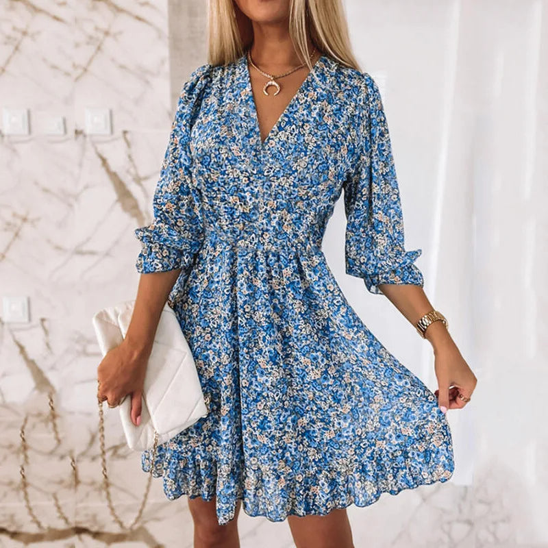 Women's short dress – Flowing cut – Breathable fabric – V-neck – Sleeves 3/4 with ruffles