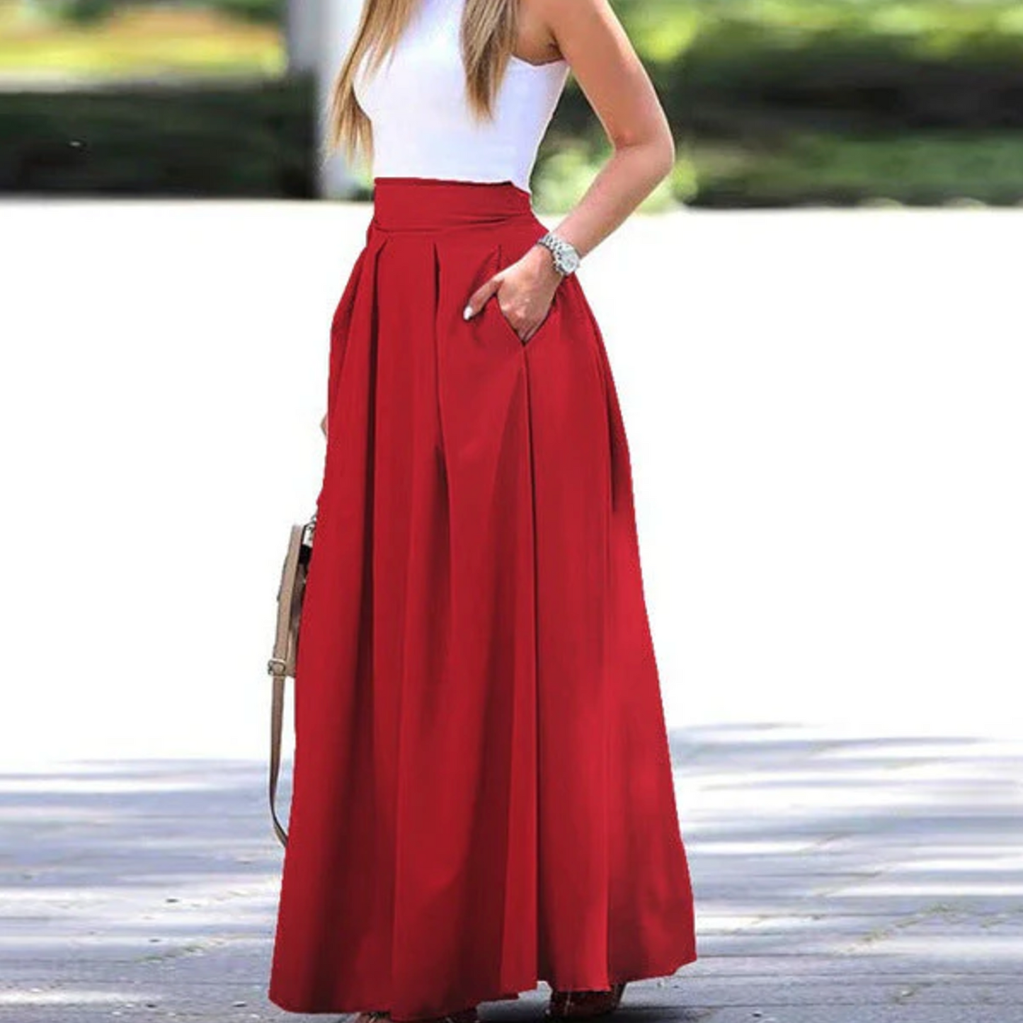 Jupe longue femme – Taille haute – Coupe fluide – Tissu respirant – Plissé élégant
