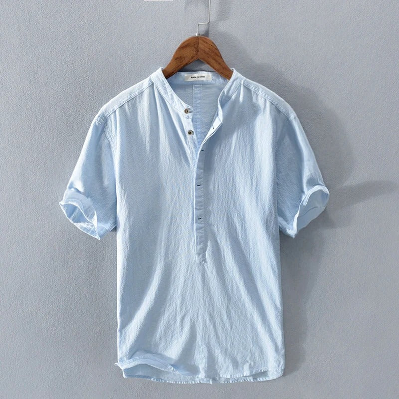 Men's short-sleeve shirt – Relaxed fit – Mao collar – Breathable natural fibers
