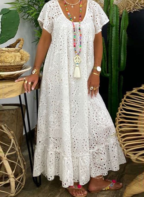Women's long dress – Loose fit – Eyelet embroidery – Natural breathable fabric