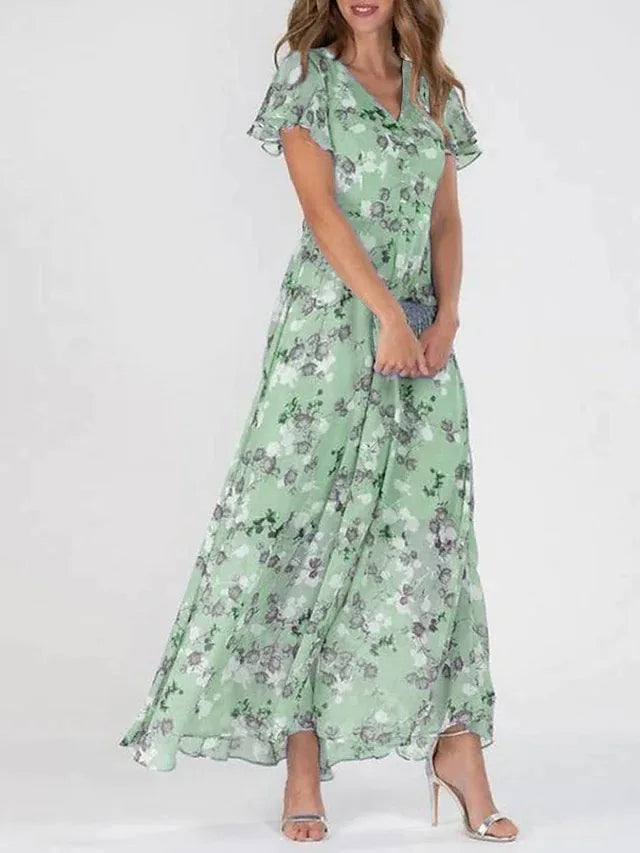 Women's midi dress – Fluid fabric – Ruffled sleeves – Elegant floral print