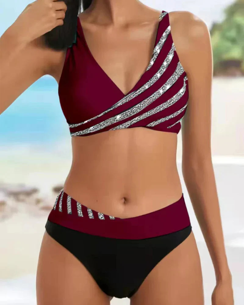 Bikini Set women – Fitted crossover top – High waist – Breathable stretch fabric – Stripes