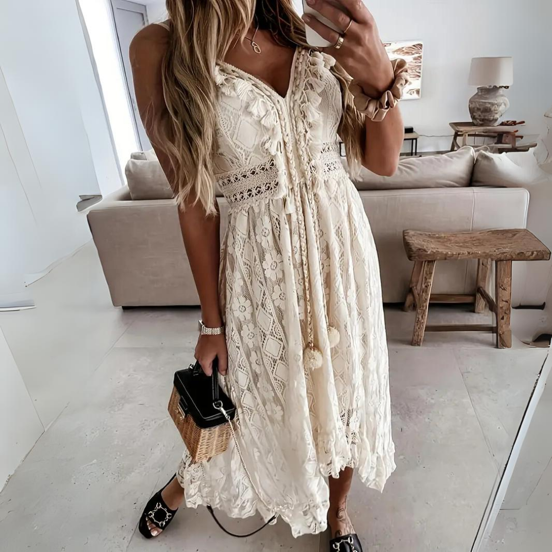 Women's midi dress – Fluid cut – Thin straps – Lightweight lace – Bohemian style