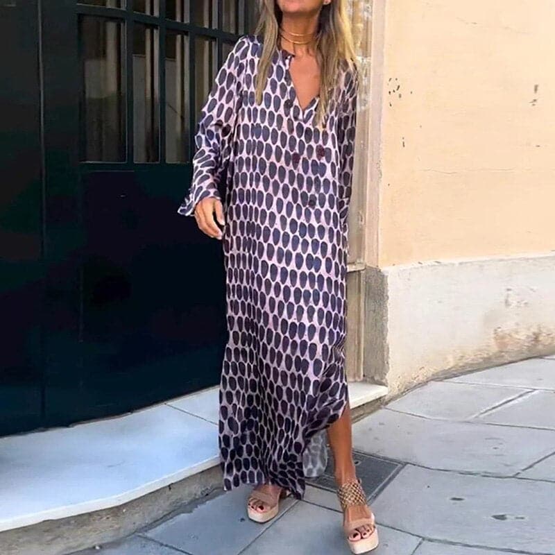 Women's long dress – Loose fit – Breathable fabric – Graphic pattern – V-neck
