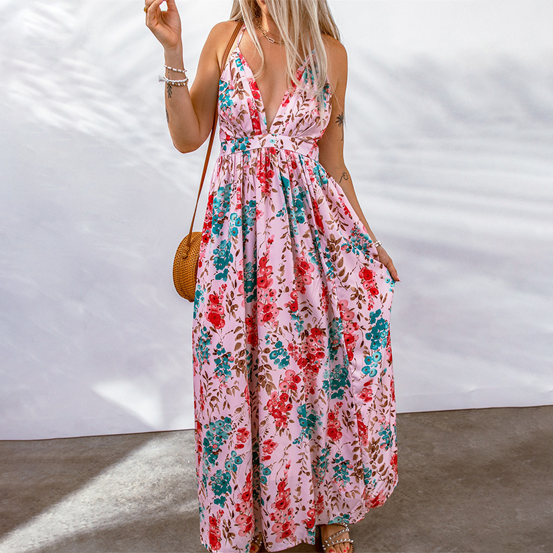 Women's long dress – Floral print – Thin straps – V-neckline – Breathable fabric