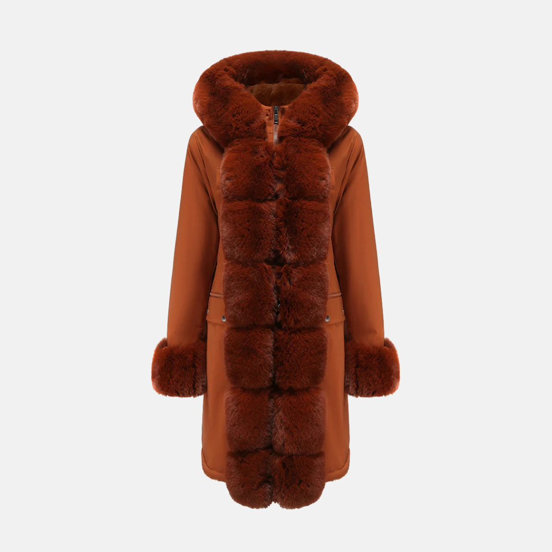 Women's Long Coat - Woven Fabric - Fur Hood - Straight Cut