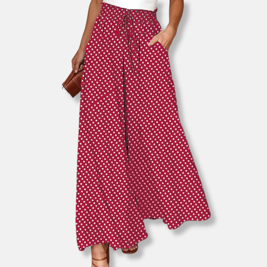 Wide women's pants – Flowy cut – Adjustable waist – Breathable fabric – Polka dot print
