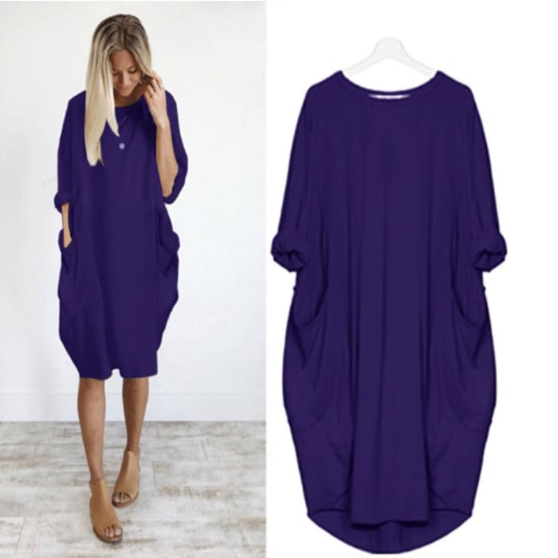 Women's Midi Dress – Loose Fit – Breathable Fabric – Round Neck – Side Pockets