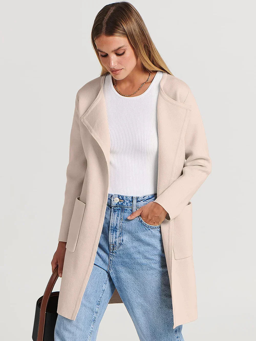 Manteau femme mi-long – Laine mélangée – Coupe droite – Col large – Style épuré
