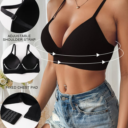 Women's push-up bra – Slim cut – Plunging neckline – Ribbed texture – Seamless finish