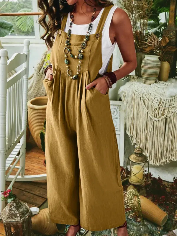 Women's jumpsuit – Loose fit – Wide legs – Breathable cotton – Adjustable straps