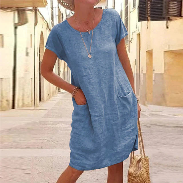 Casual women's dress – Natural fibers – Loose fit – Short sleeves – Knee length